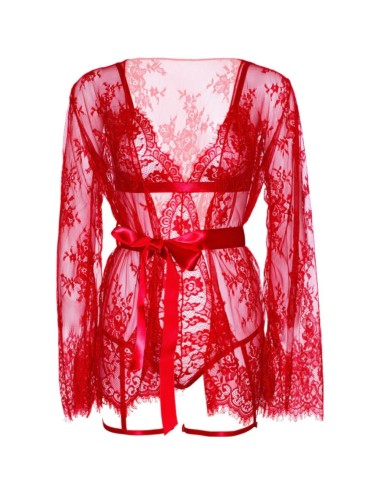 LEG AVENUE - 86123 TEDDY- UND STRUMPFBAND-BADEMANTEL-SET, ROT, GRÖSSE S