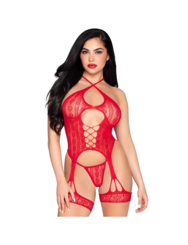 LEG AVENUE - 89338 OFFENER SPITZEN-Bodysuit MIT STRUMPFGÜRTEL + STRING ROT - EINE GRÖSSE