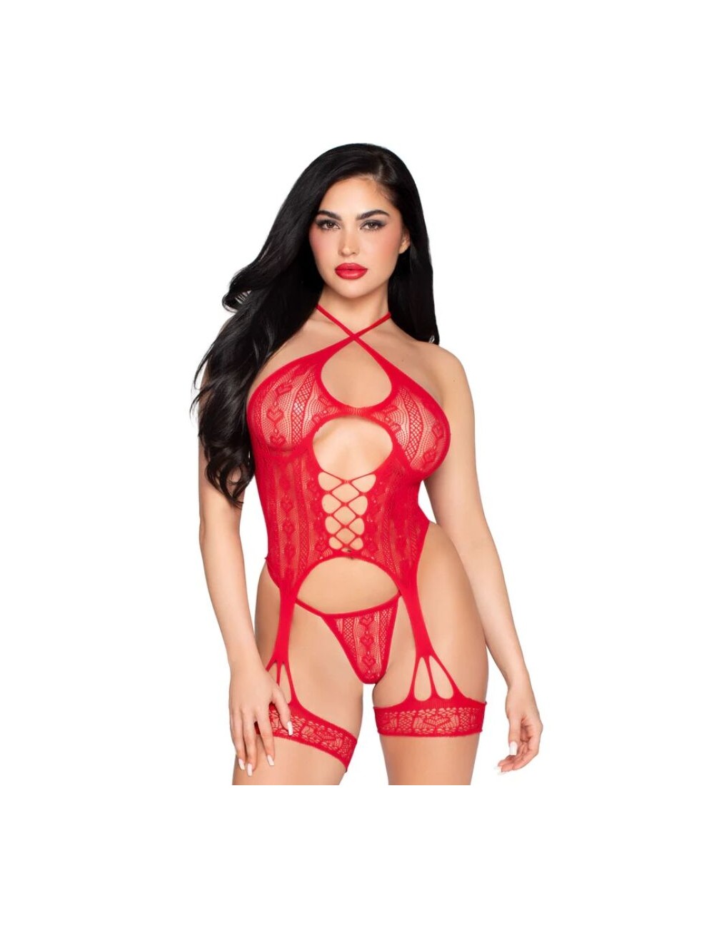 LEG AVENUE - 89338 OFFENER SPITZEN-Bodysuit MIT STRUMPFGÜRTEL + STRING ROT - EINE GRÖSSE