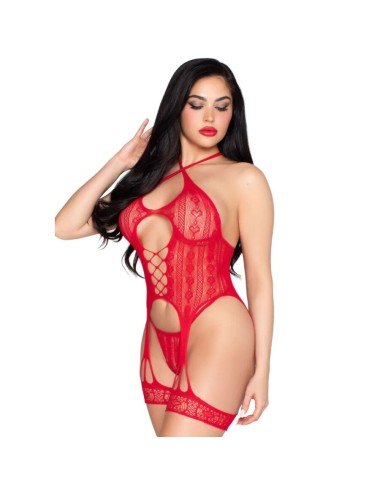 LEG AVENUE - 89338 OFFENER SPITZEN-Bodysuit MIT STRUMPFGÜRTEL + STRING ROT - EINE GRÖSSE