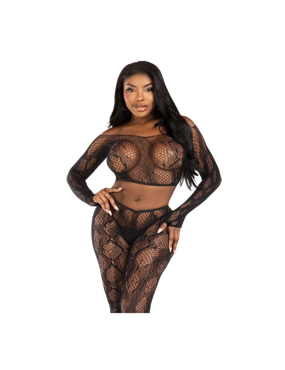 LEG AVENUE - 89373 PYTHON-CROP-TOP & FUSSLOSE STRUMPFHOSE SCHWARZ - EINHEITSGRÖSSE