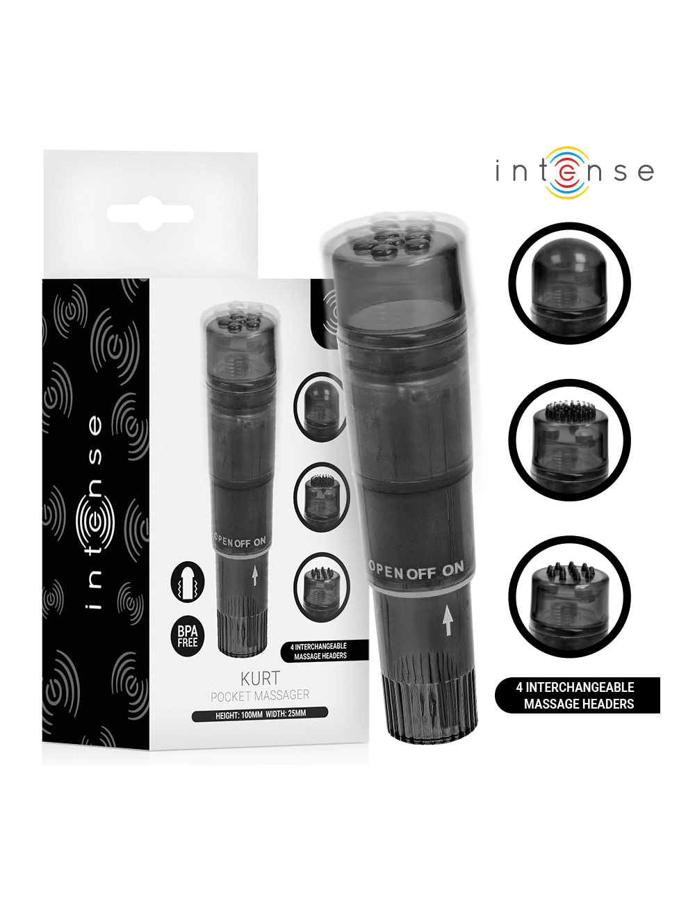INTENSE - KURT MINI-MASSAGEGERÄT MIT 4 AUSTAUSCHBAREN AUFSÄTZEN SCHWARZ