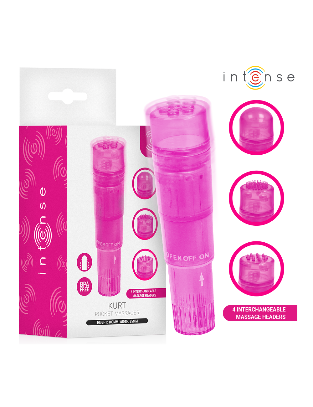 INTENSE - KURT MINI-MASSAGEGERÄT MIT 4 AUSTAUSCHBAREN AUFSÄTZEN PINK
